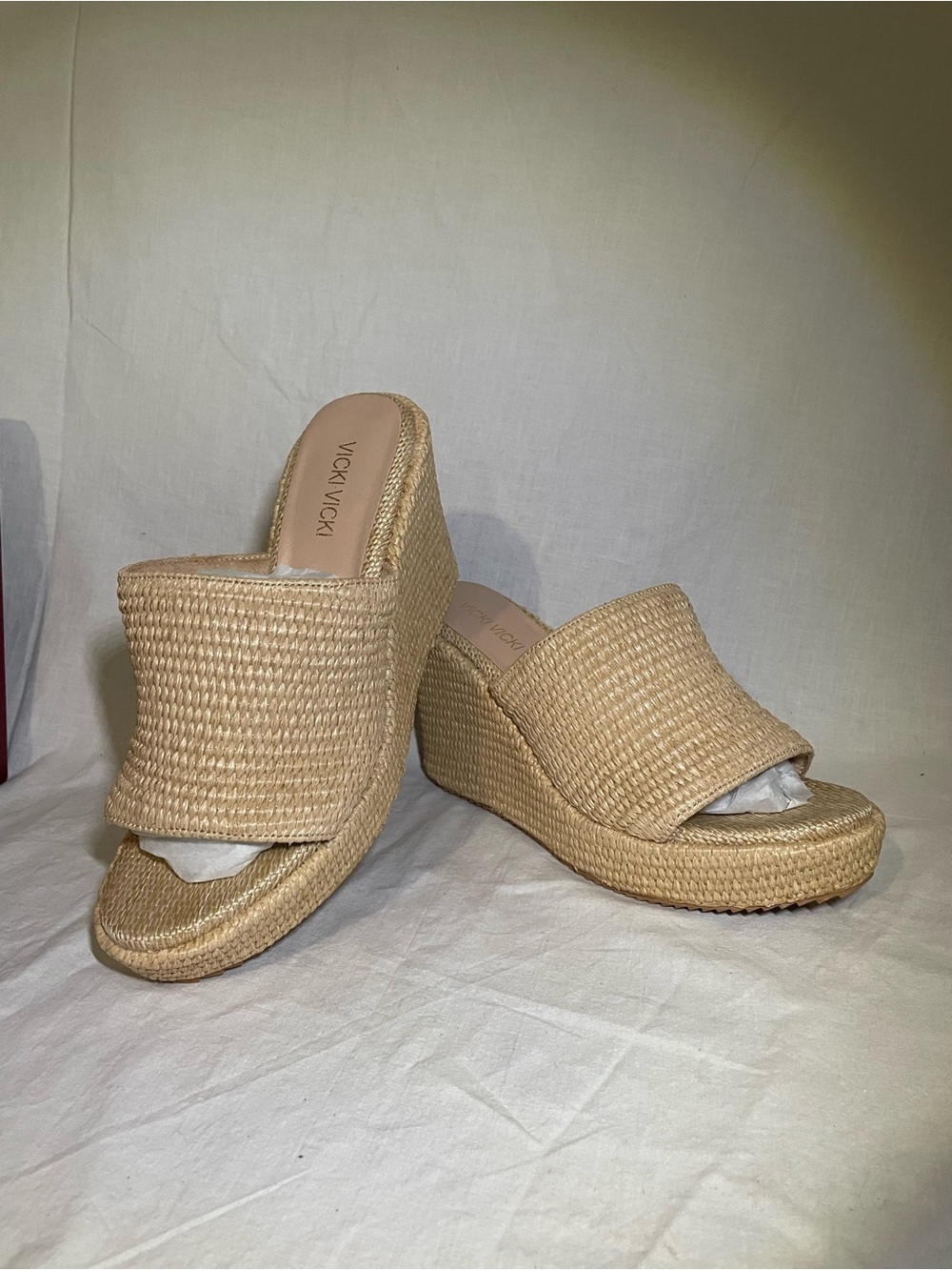 VICKI VICKI Women's Natural Woven Platform Wedge Slide Sandals Apricot Size 10